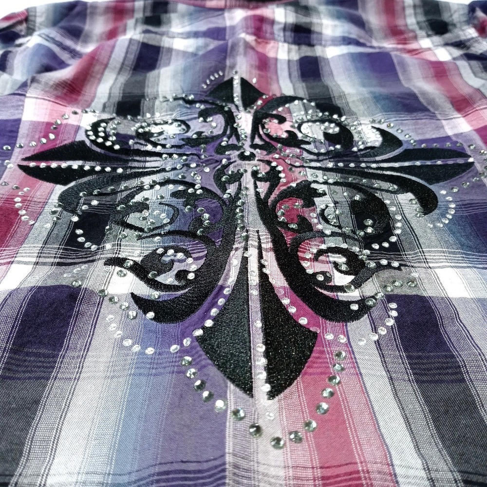 Y2K Maurice's Plaid Shirt Rhinestone Embellished Lace Western Style Women's Med - Picture 12 of 16